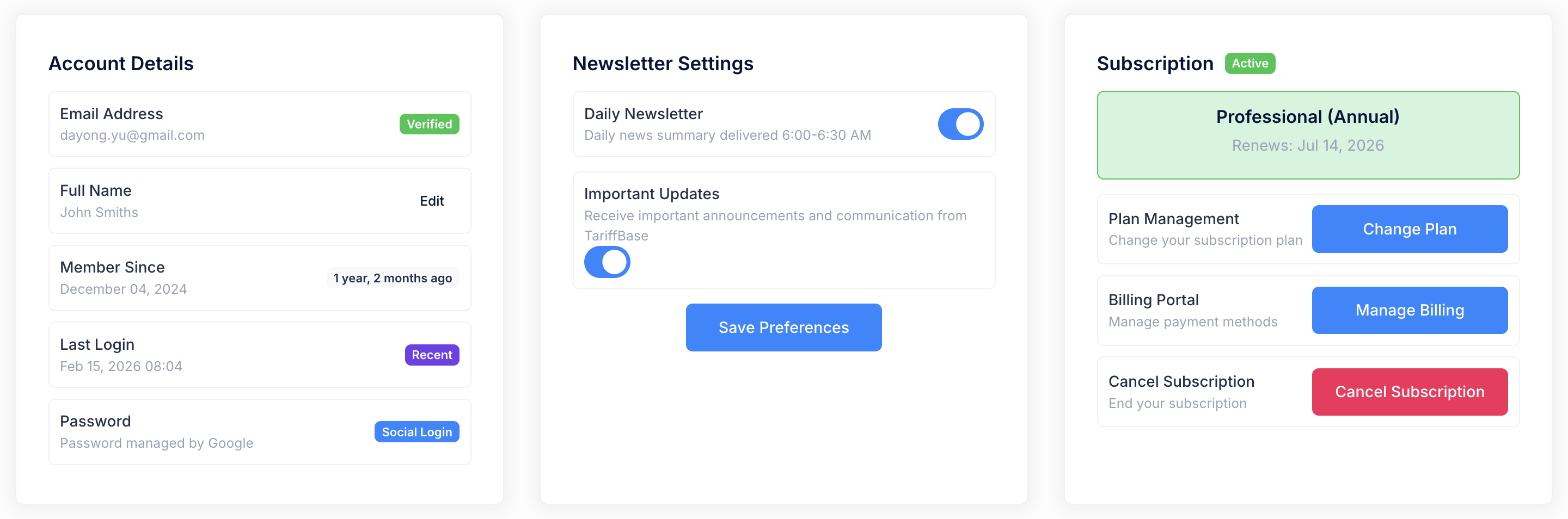 Account Settings Page
